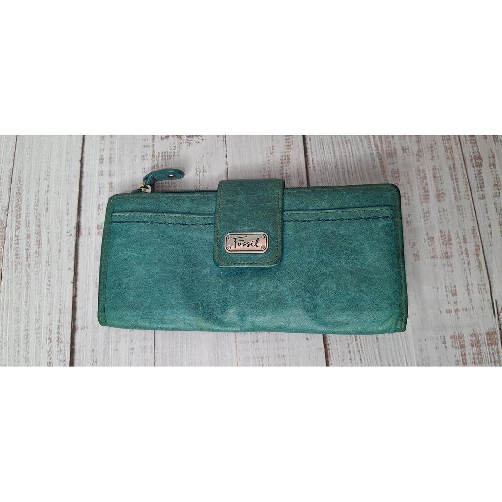 Fossil Teal Distressed Leather Bifold Wallet Zip Coin Pocket Teal Soft Leather